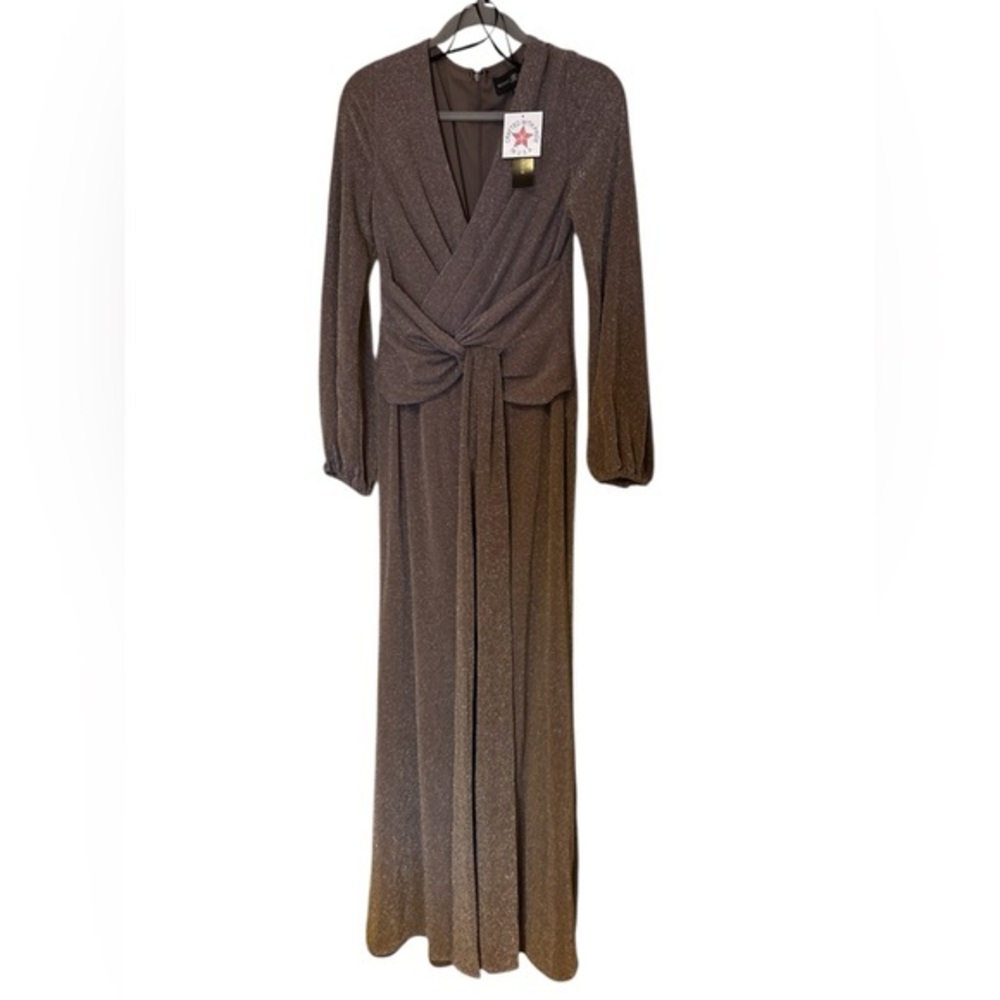 Betsy & Adam Women's Long Sleeve Metallic Knit Gown with Front Knot Detail - 10